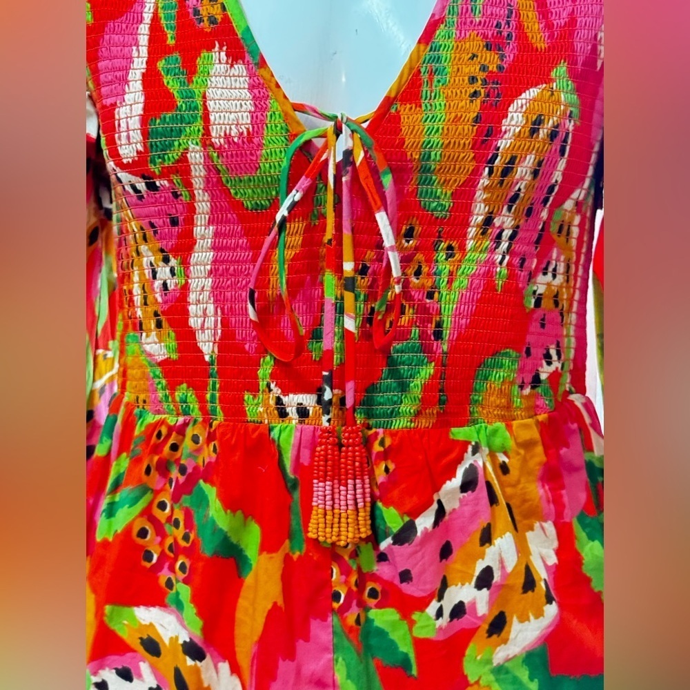 FARM RIO Tropical Ruffle Sleeve Romper Women Small Smocked Red Motif V-neck NWT - Picture 6 of 16